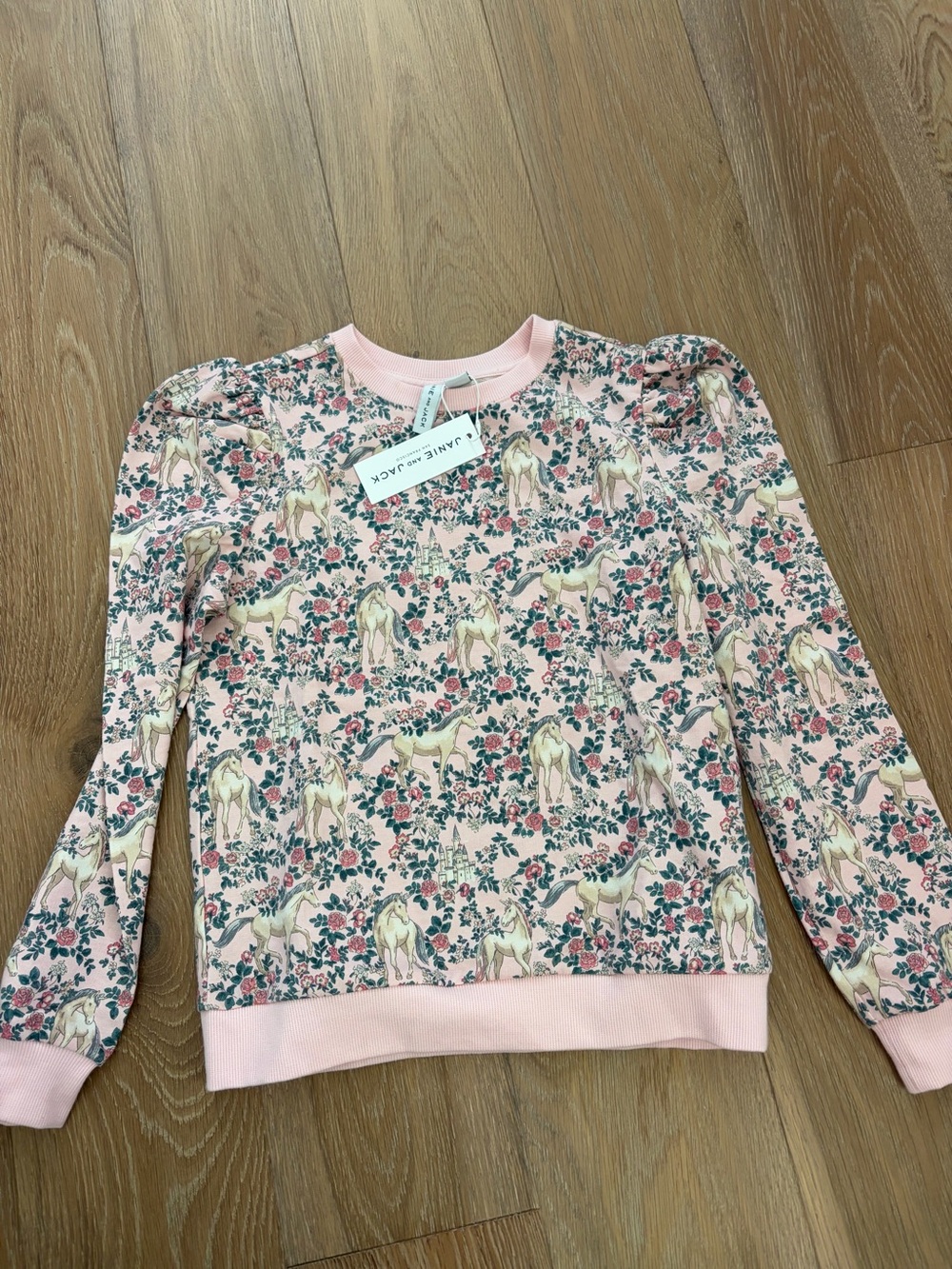 Janie and Jack Pink Unicorn & Floral Puff-Sleeve Sweatshirt